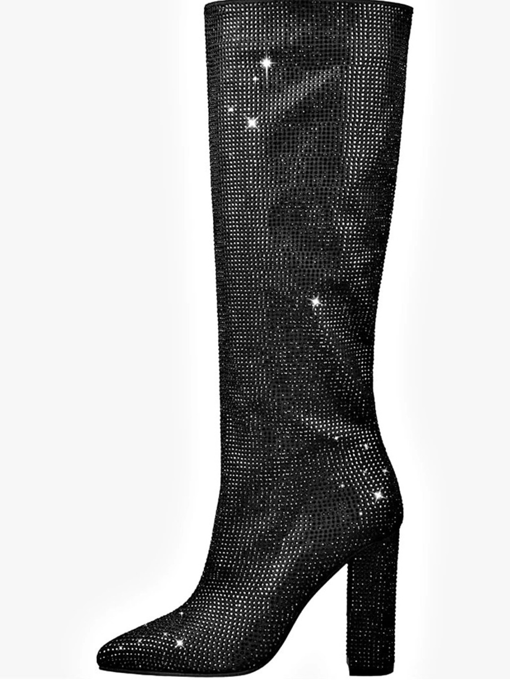 OnlyMaker Rhinestone Knee High Boots for Women Chunky Heel Pointed Toe Black 7 N
